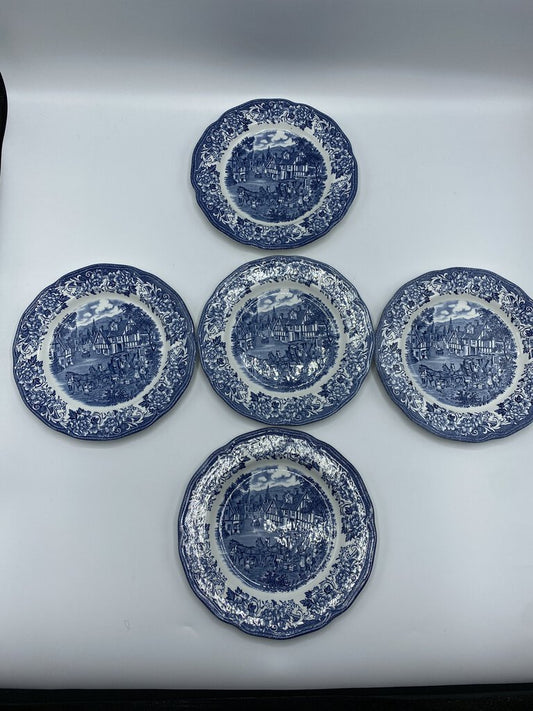 Vintage Royal Staffordshire Ironstone Blue Transferware Set of 5 Plates 6.75” /rc