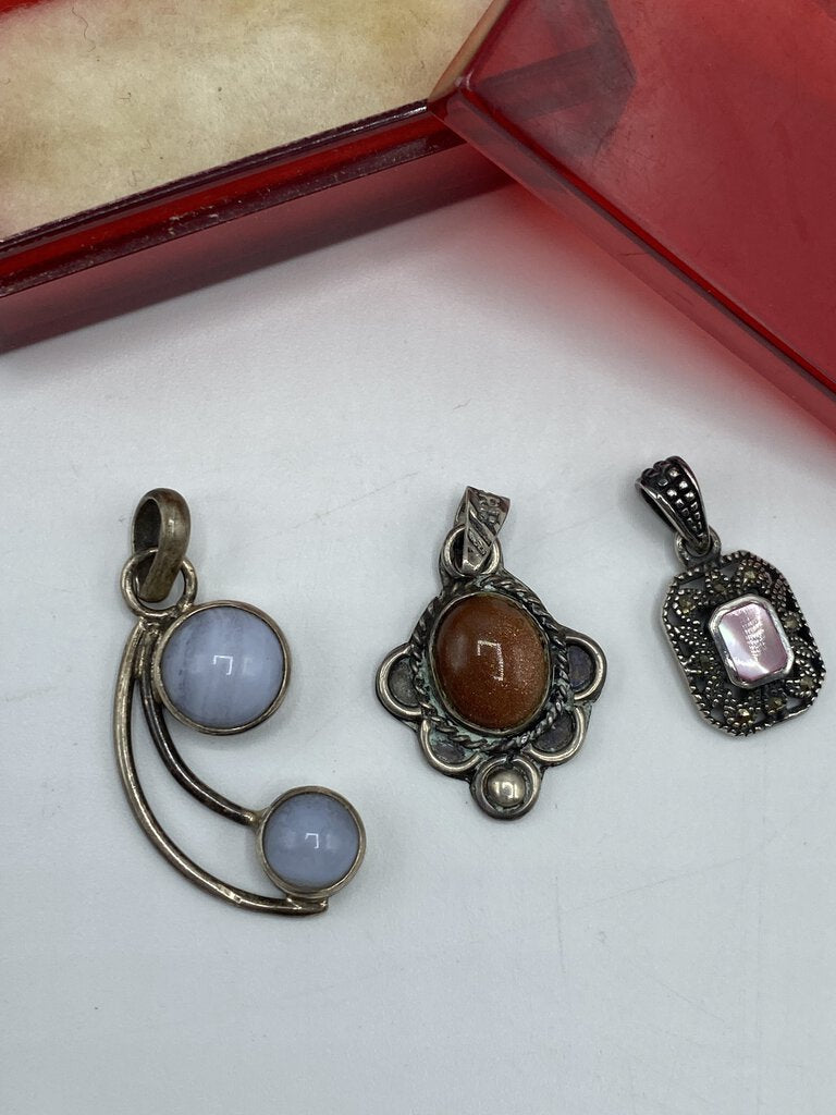 Set of 3 Sterling Silver Necklace Pendants w/Semi-Precious Stones /ro