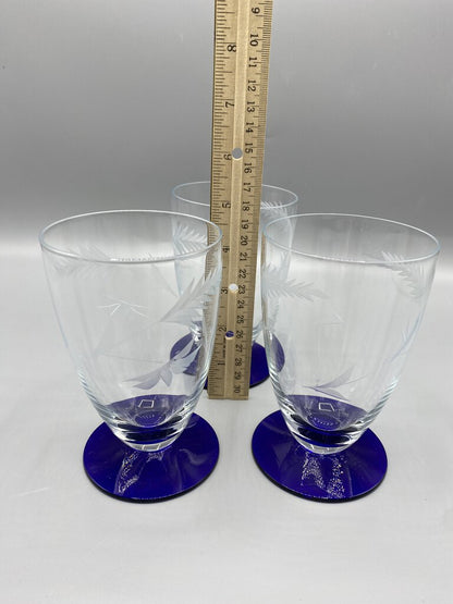 Set of 3 Louie Weston Optic Crystal Cobalt Blue Base 5” Tea Glasses /rb