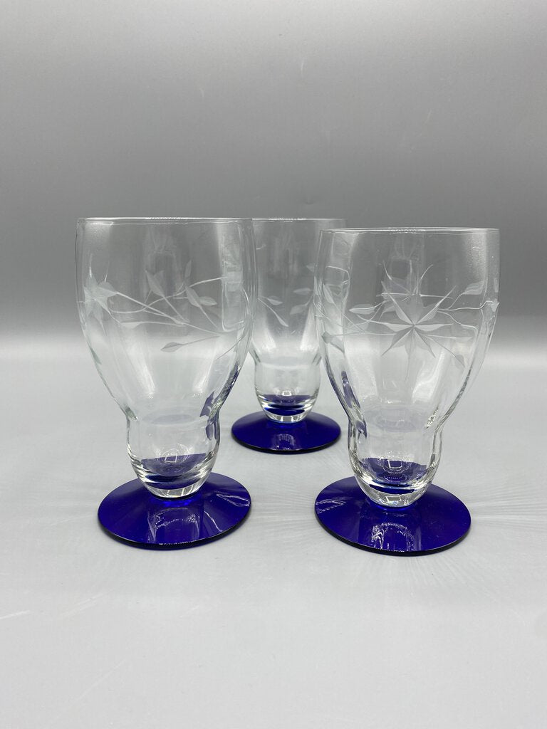 Vintage Louie Weston set of 3 Etched Optic Glass Cobalt Blue Base Water/Wine Glasses /rb