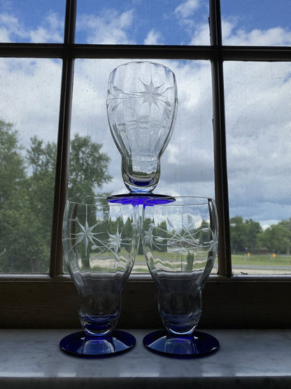 Vintage Louie Weston set of 3 Etched Optic Glass Cobalt Blue Base Water/Wine Glasses /rb