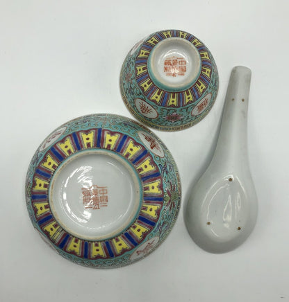 Set of 3 Vintage Mun Shou Chinese Porcelain Bowl & Spoon Set /b