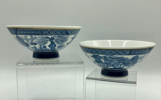 Pair Vintage Japanese Porcelain Blue Willow Rice Bowls /b