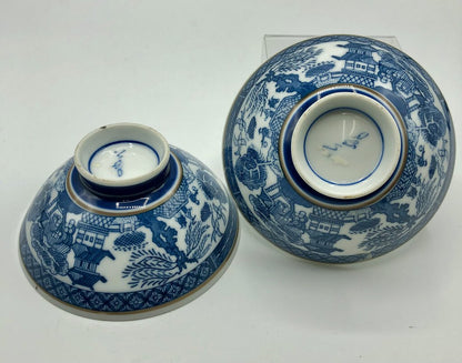 Pair Vintage Japanese Porcelain Blue Willow Rice Bowls /b