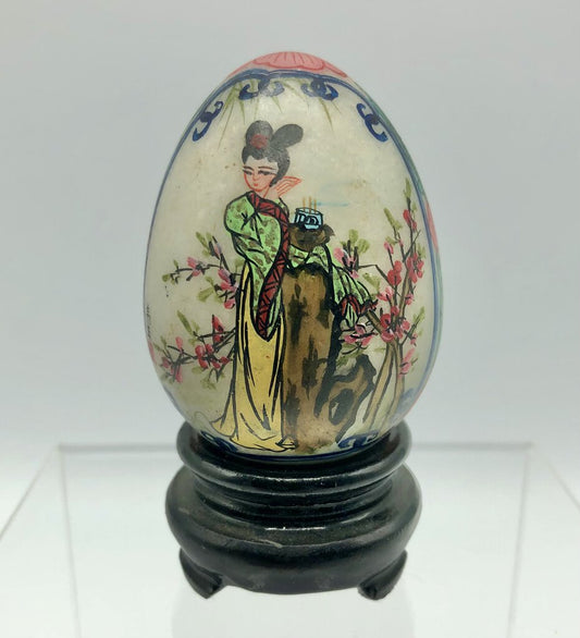 Vintage Asian Geisha Hand Painted Stone Egg w/ Wood Stand /b