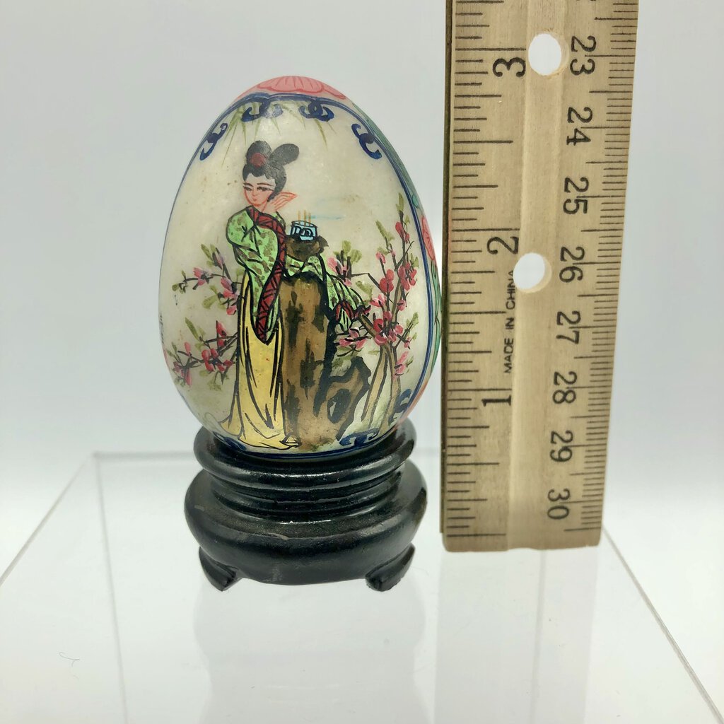 Vintage Asian Geisha Hand Painted Stone Egg w/ Wood Stand /b