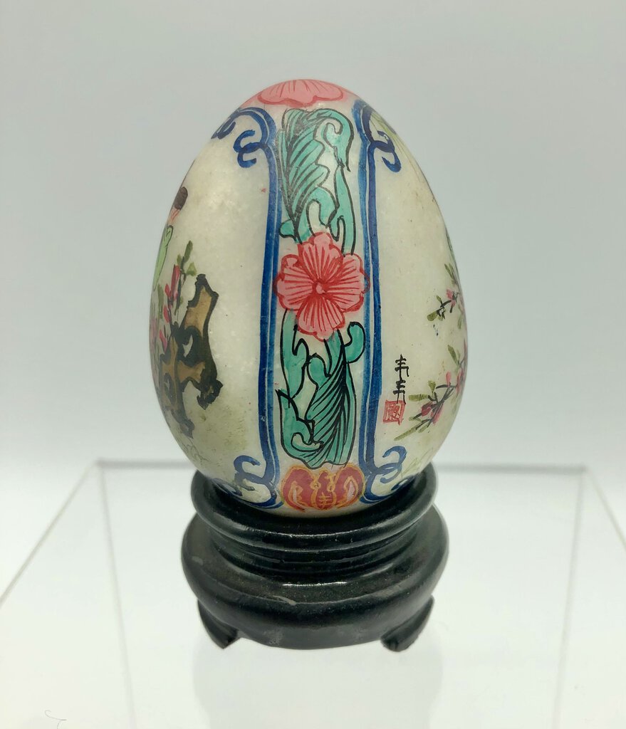 Vintage Asian Geisha Hand Painted Stone Egg w/ Wood Stand /b