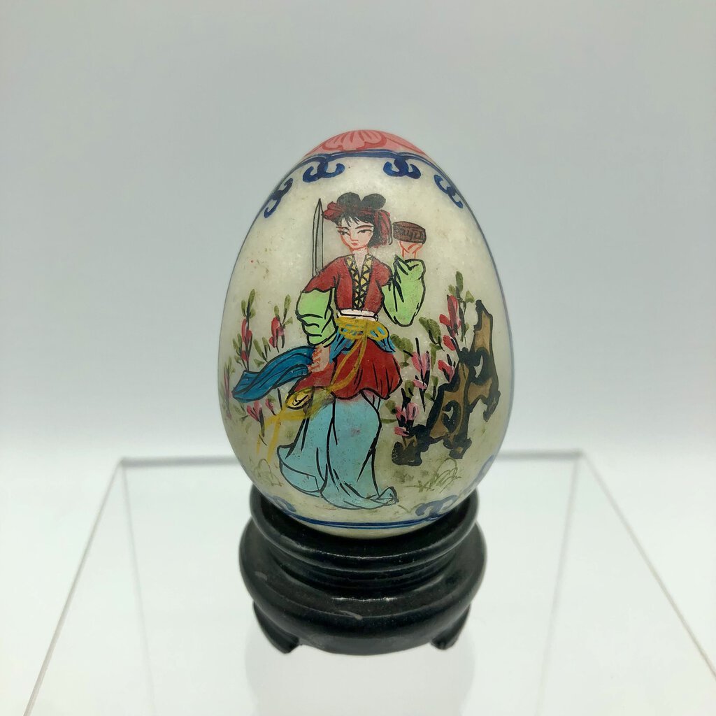 Vintage Asian Geisha Hand Painted Stone Egg w/ Wood Stand /b