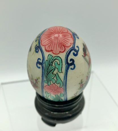 Vintage Asian Geisha Hand Painted Stone Egg w/ Wood Stand /b