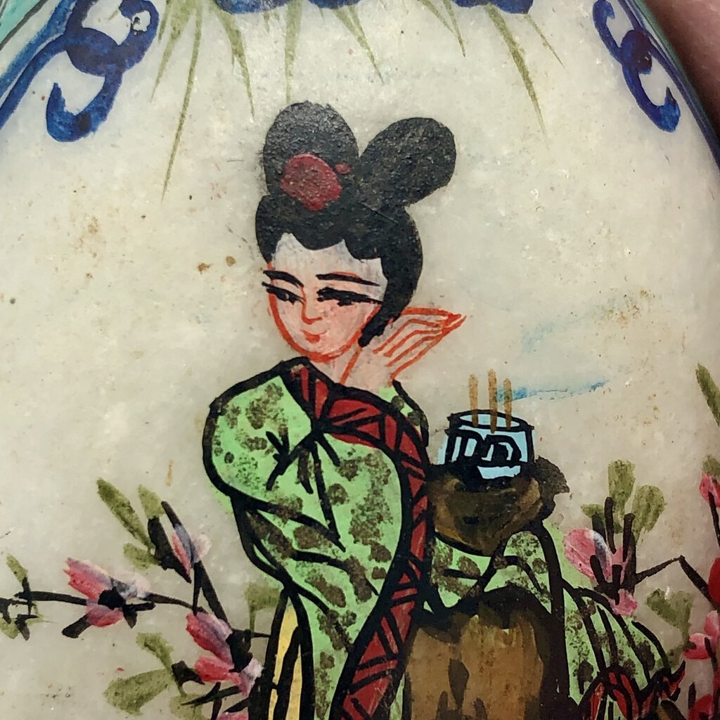 Vintage Asian Geisha Hand Painted Stone Egg w/ Wood Stand /b