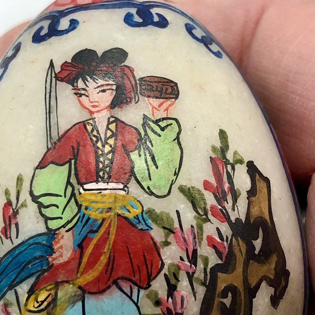 Vintage Asian Geisha Hand Painted Stone Egg w/ Wood Stand /b