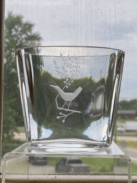 Crystal Etched Bird on Branch Orrefors Vase 3.5” tall /rw