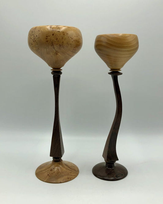 2 Turned Wood Wine Goblets ~ Oak/ Birds Eye Maple ~ Charming /b