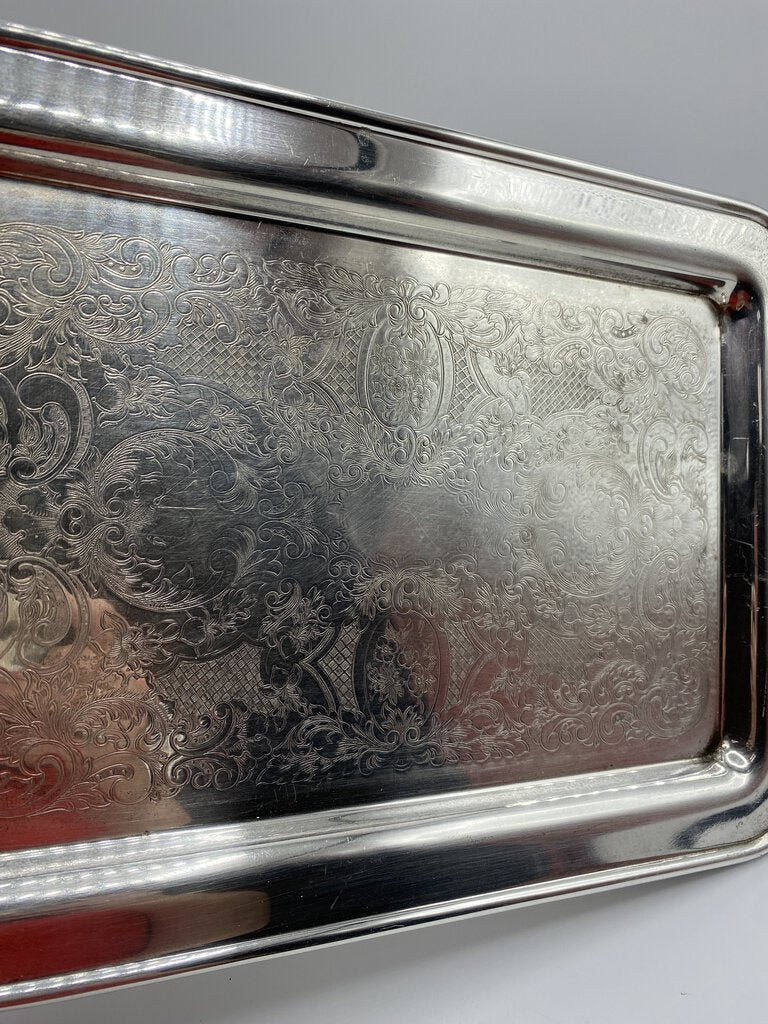 Classic Footed Silver Plate Embossed Handled Tray 13.25” x 9.75” /rw