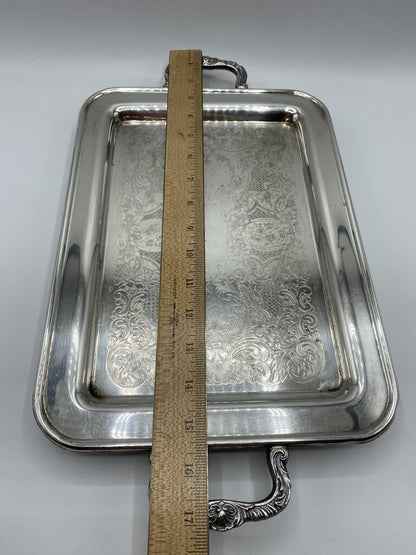 Classic Footed Silver Plate Embossed Handled Tray 13.25” x 9.75” /rw