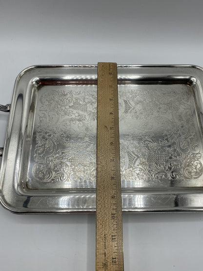 Classic Footed Silver Plate Embossed Handled Tray 13.25” x 9.75” /rw