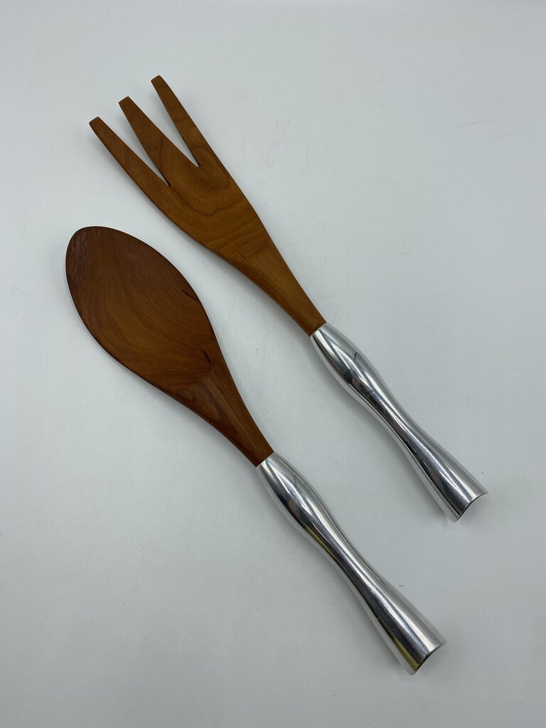 Nambe Salad Serving Set Fork & Spoon with Metal Handles MCM /rw