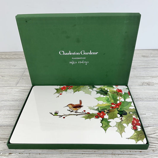 4 Charleston Gardens Placemats by Robin Rawlings In Box Christmas Holly With Bird /cb