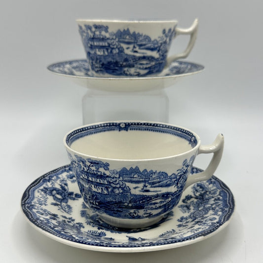 Vintage Royal Staffordshire TONQUIN BLUE By Clarice Cliff 2 Cup And Saucer Sets /cb