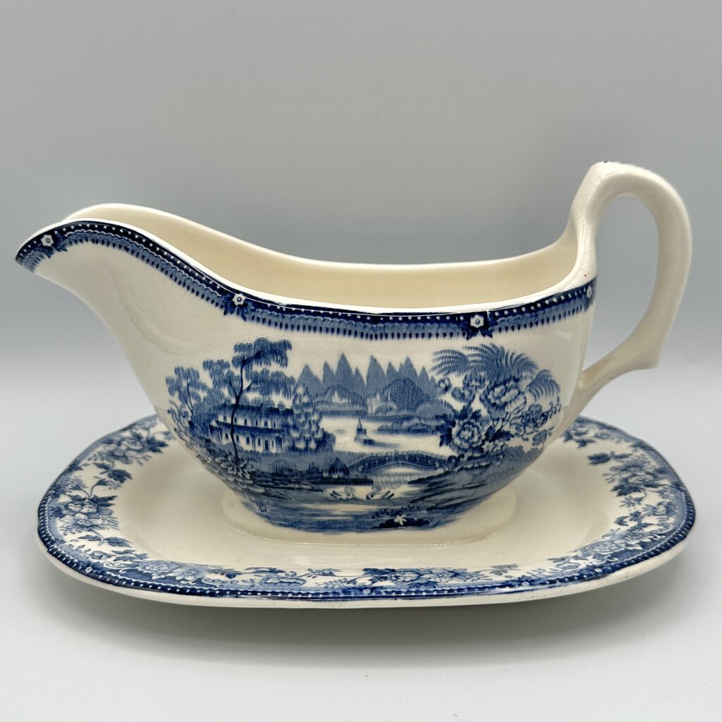 Vintage Royal Staffordshire TONQUIN BLUE By Clarice Cliff Gravy Boat With Attached Underplate /cb