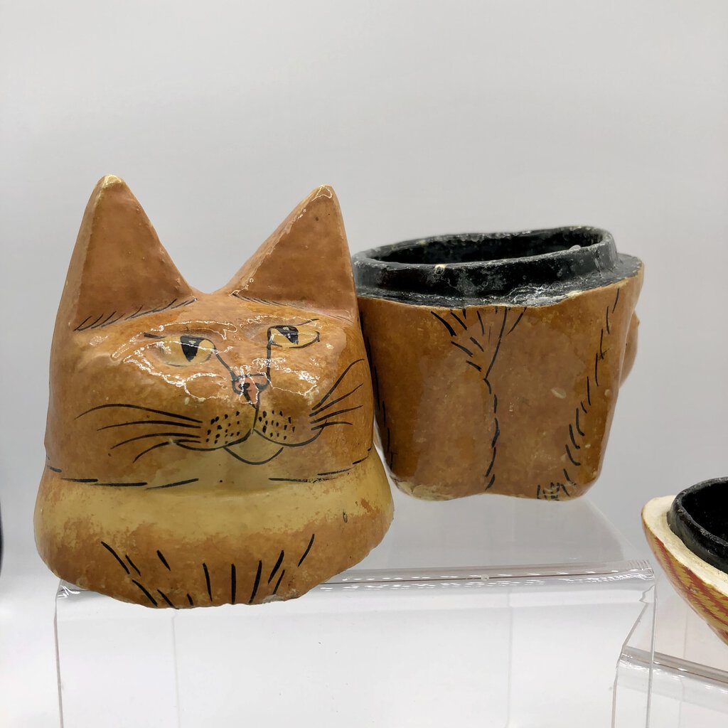 2 Handmade Paper Mache Cute Cat Containers /b