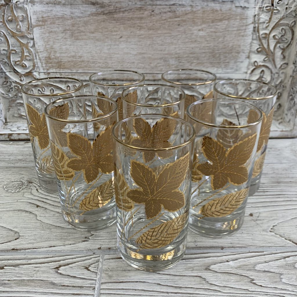 MCM Libbey Gold Leaf Highball Glasses/Tumblers Set of 8 /cb