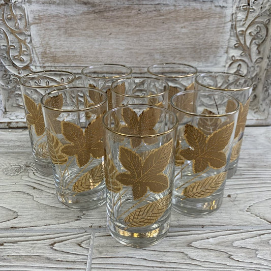 MCM Libbey Gold Leaf Highball Glasses/Tumblers Set of 8 /cb