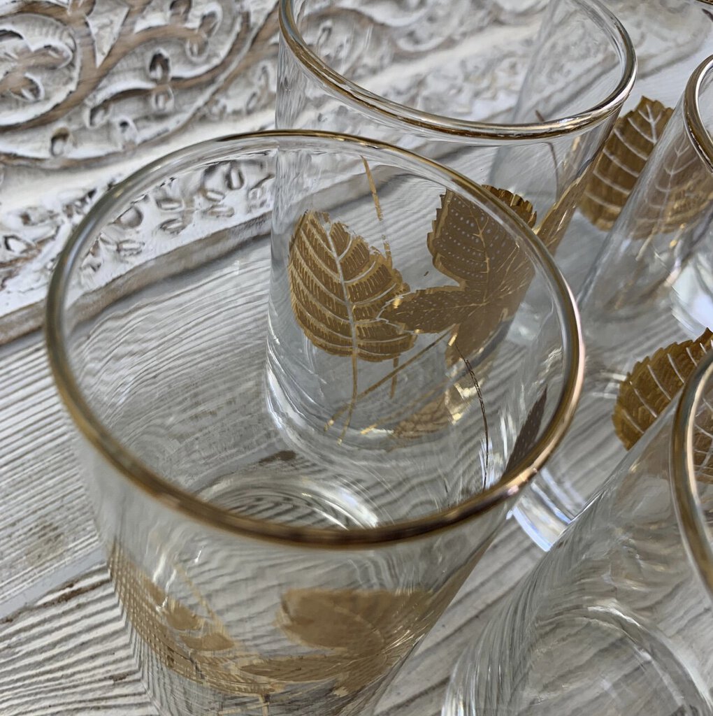 MCM Libbey Gold Leaf Highball Glasses/Tumblers Set of 8 /cb