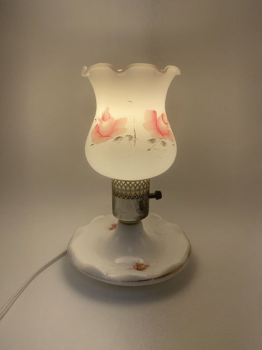 Vintage Milk Glass Hand Painted Floral Hurricane Lamp Electric Pink Floral 9” Tall /rw