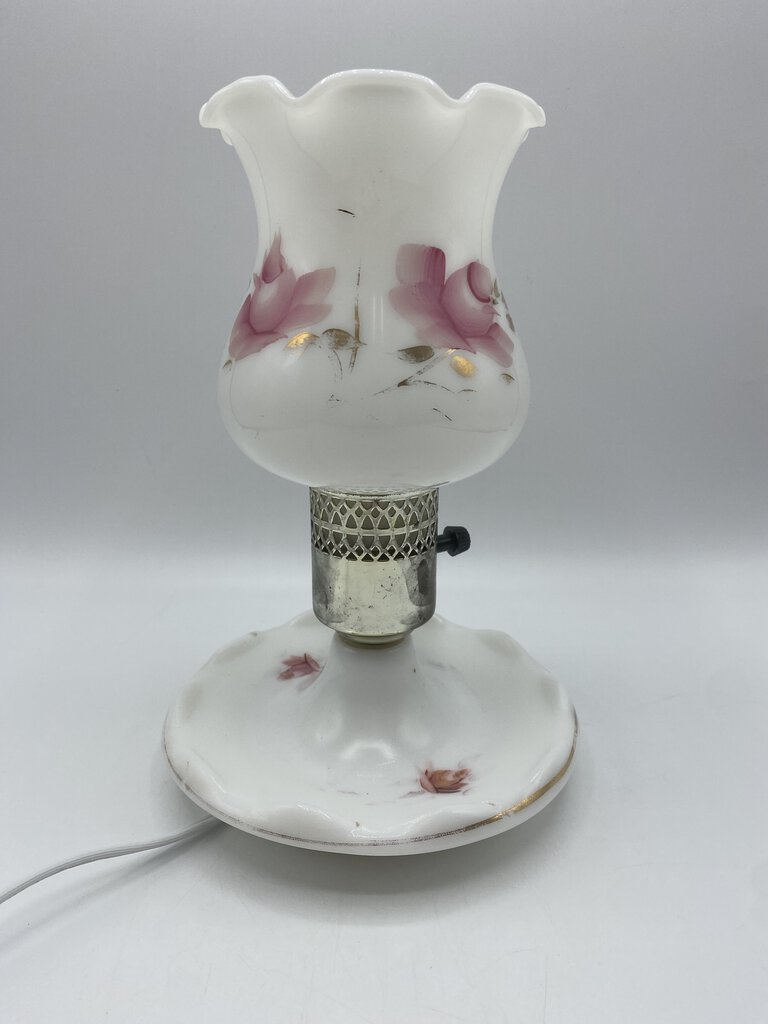 Vintage Milk Glass Hand Painted Floral Hurricane Lamp Electric Pink Floral 9” Tall /rw