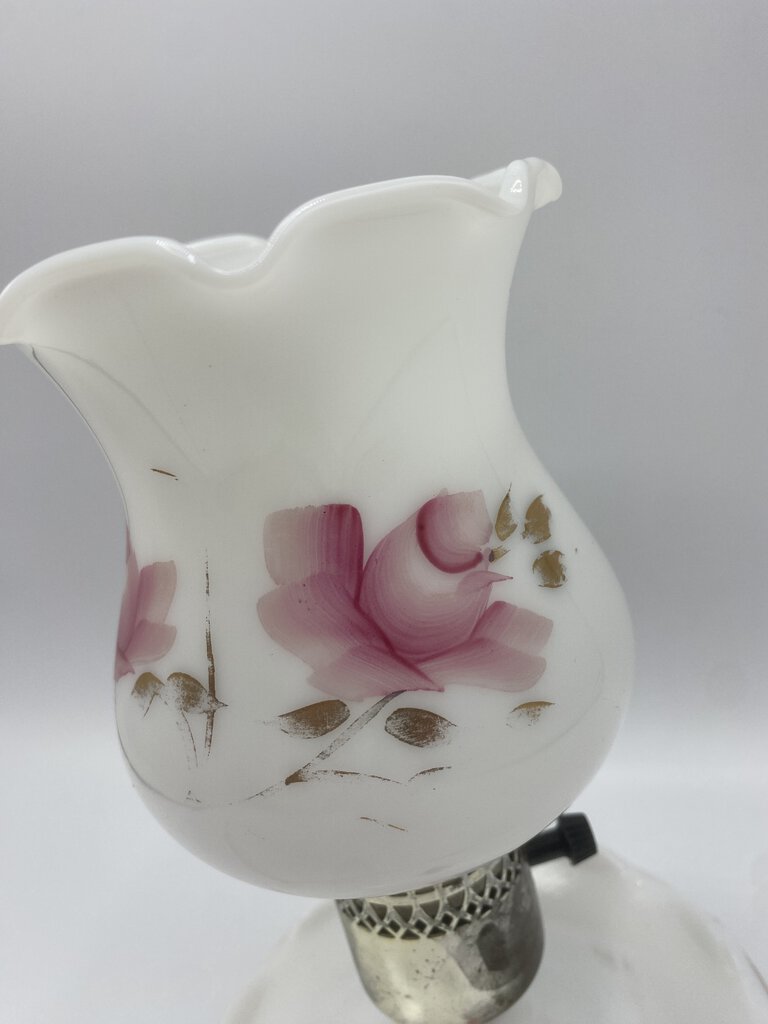 Vintage Milk Glass Hand Painted Floral Hurricane Lamp Electric Pink Floral 9” Tall /rw