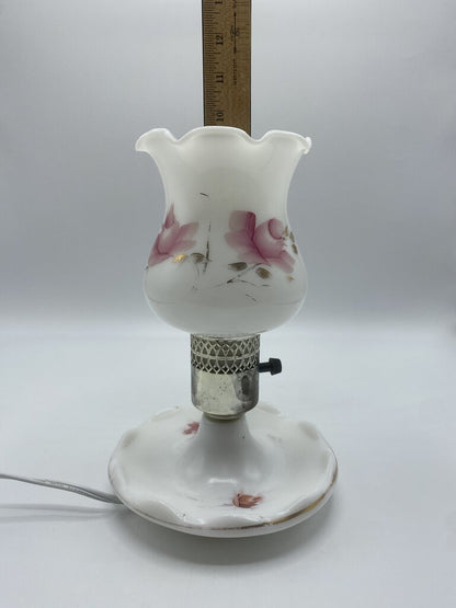 Vintage Milk Glass Hand Painted Floral Hurricane Lamp Electric Pink Floral 9” Tall /rw