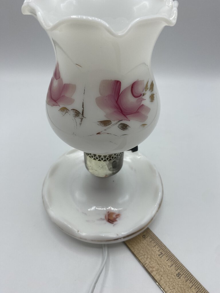 Vintage Milk Glass Hand Painted Floral Hurricane Lamp Electric Pink Floral 9” Tall /rw