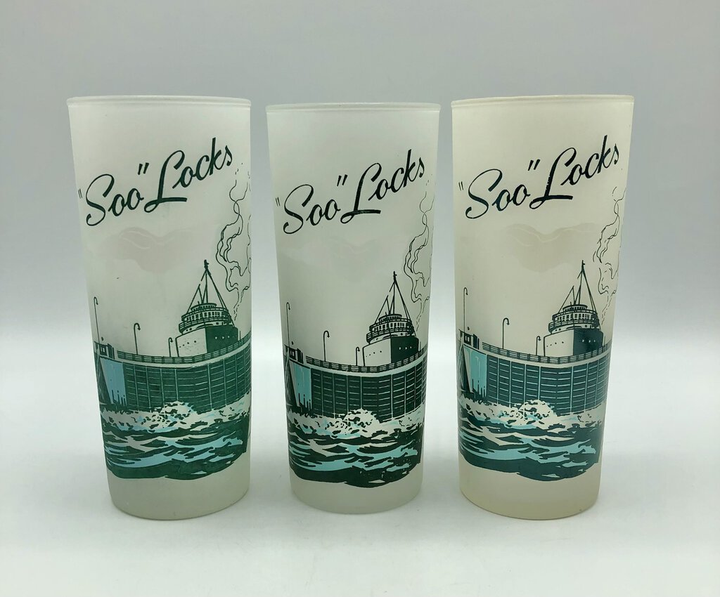 3 Vintage Soo Locks Michigan Souvenir Glasses /b