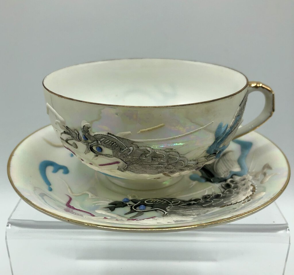 Vtg Japanese Dragonware Moriage Lithophane Teacup & Saucer /b