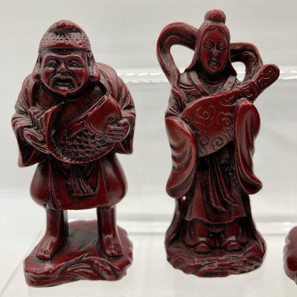 Vtg Red Resin 7 Chinese Gods of Good Fortune /b