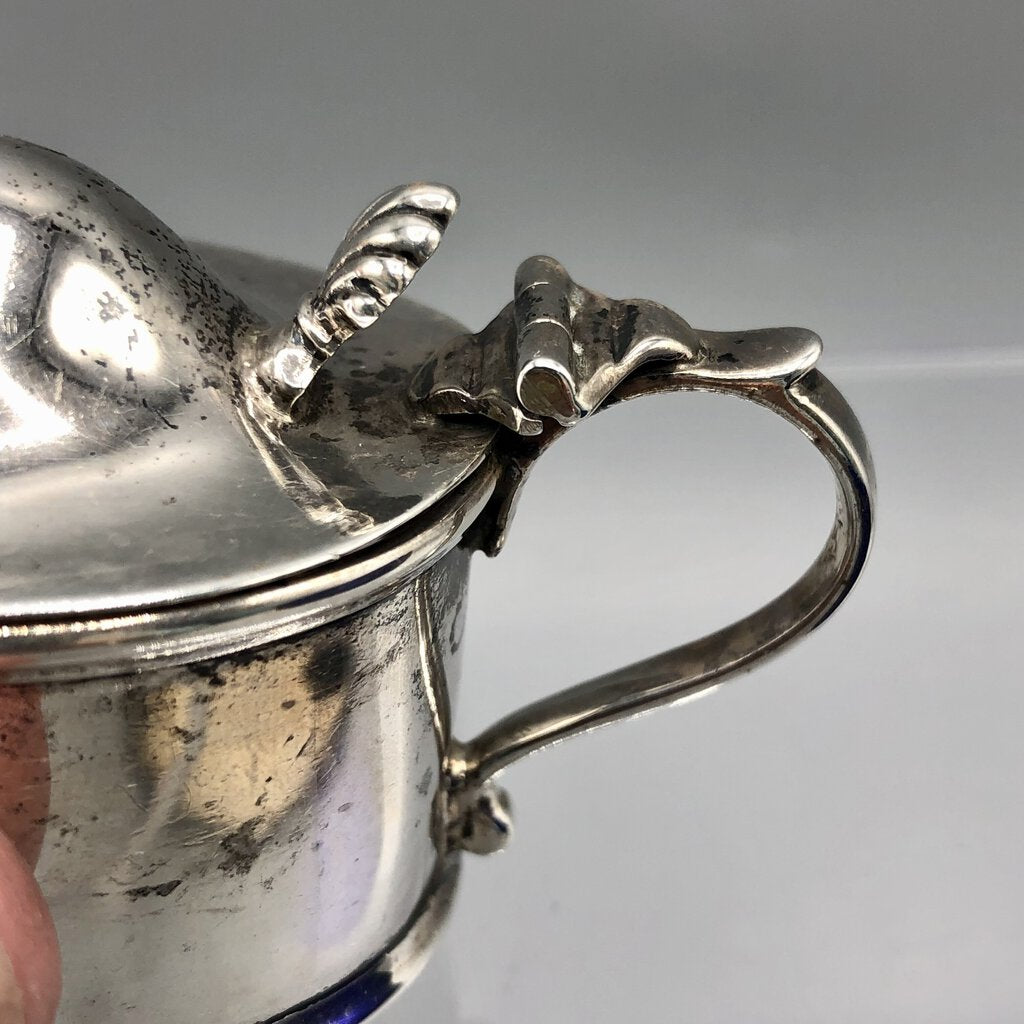 Antique Walker & Hall Birmingham Sterling Silver Mustard Pot w/ Cobalt Glass Insert /b