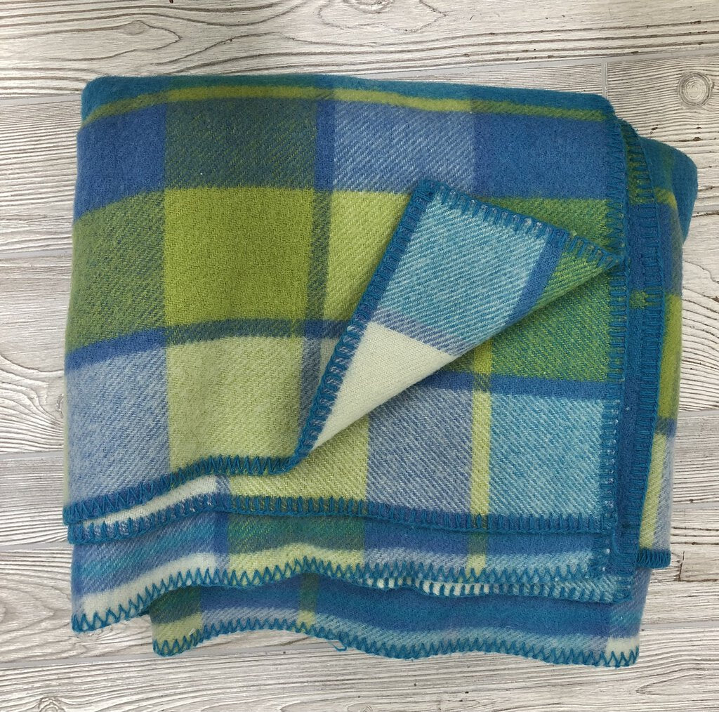 Cozy Blue & Green Plaid 100% Wool Blanket/ Double /b