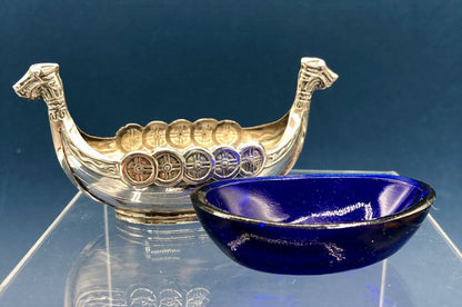 Vtg Sweden Sterling Silver Viking Ship Cobalt Glass Salt Cellar /b