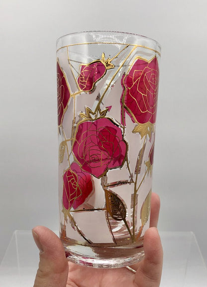 Set of 4 MCM Cora Rose & 22k Gold High Ball Glasses Tumbler /b