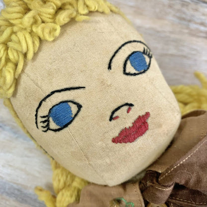 Vintage Hand Embroidered Cloth And Yarn Brownie Doll /cb