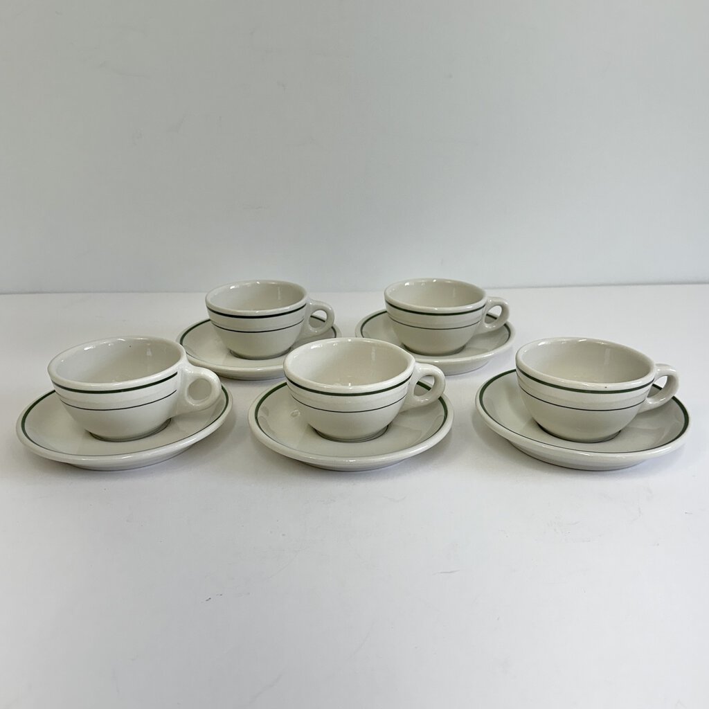 5 Vintage Buffalo China Restaurant Ware Allegheny Green Stripe Cup and Saucer Sets /cb