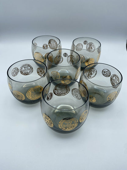 MCM Federal Glass Roma Coin Roly Poly Cocktail Glasses set of 6 /ro