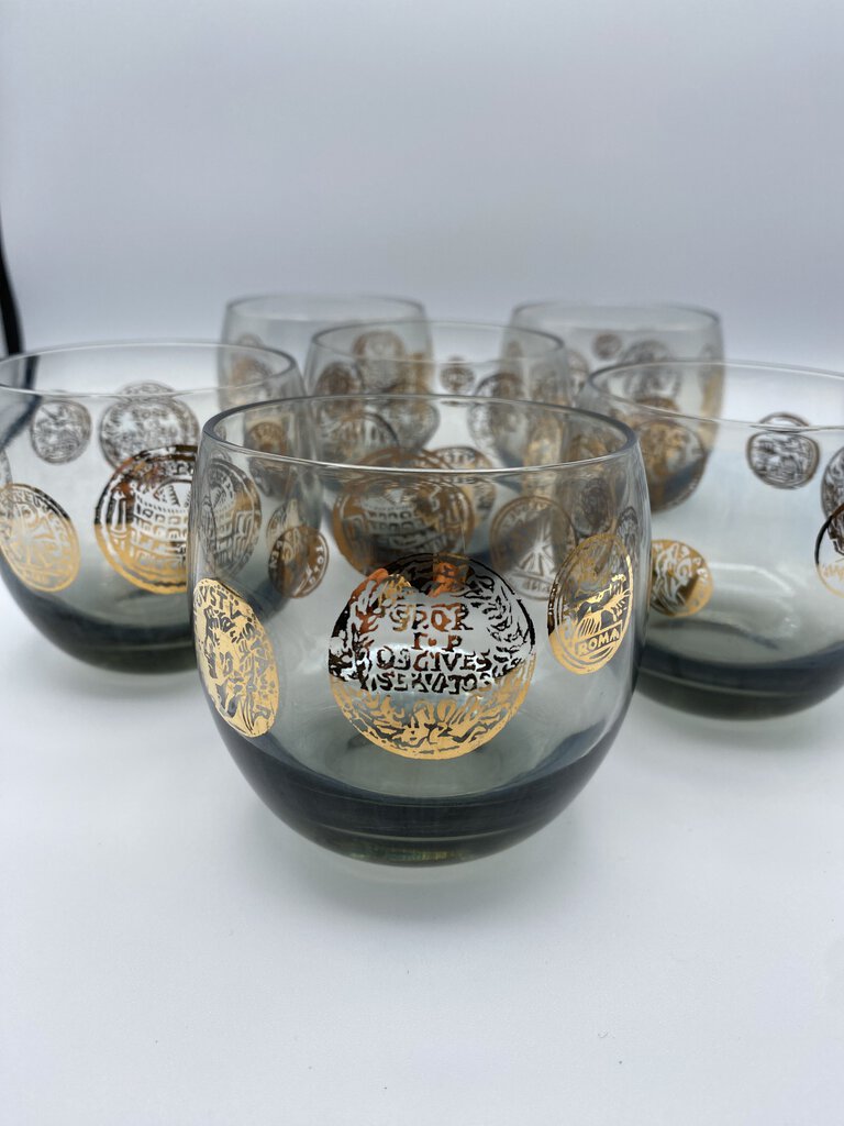 MCM Federal Glass Roma Coin Roly Poly Cocktail Glasses set of 6 /ro