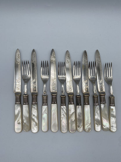 12 PCs Antique Box Set Silver Plate Mother of Pearl Handles Knives & Forks Embossed Blade /rw