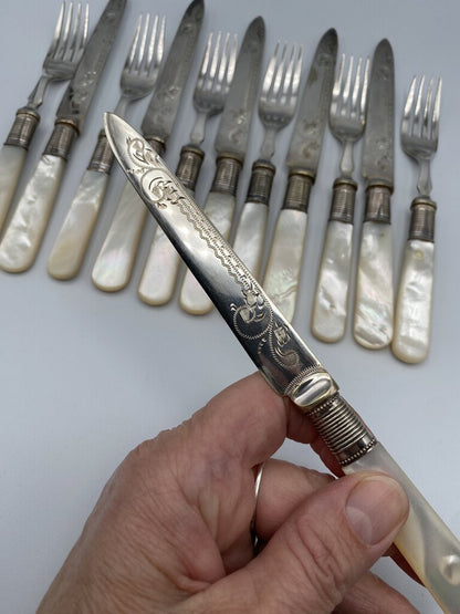 12 PCs Antique Box Set Silver Plate Mother of Pearl Handles Knives & Forks Embossed Blade /rw