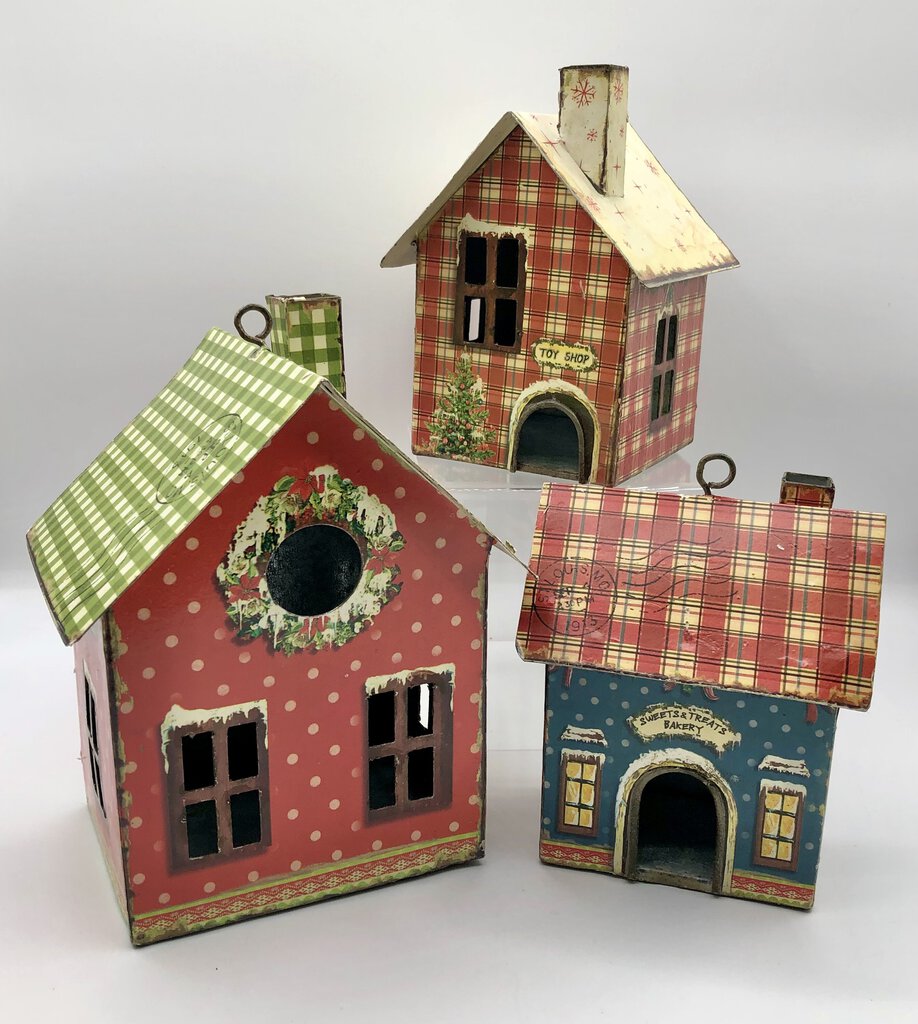 3 Charming Vintage Style Christmas Litho Tin/ Metal Bird Houses /b