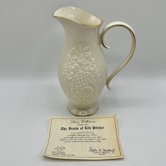 Vintage 1990 Lenox Fruits of Life 28oz Ivory Porcelain Pitcher 24k Gold Trim COA/cb