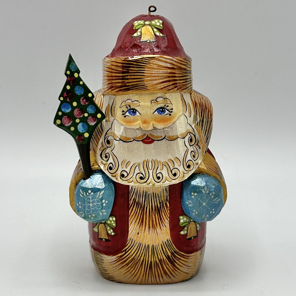 Vintage Russian Hand Carved & Painted Wooden 4 Inch Santa Claus Ornament /cb