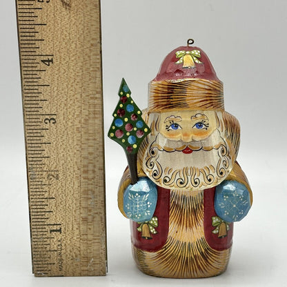 Vintage Russian Hand Carved & Painted Wooden 4 Inch Santa Claus Ornament /cb